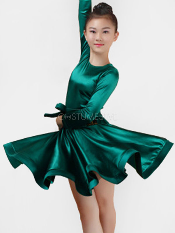 Latin Dance Dresses Kids Costume Satin Long Sleeve Round Neck Ballroom Dance Dresses For Girls
