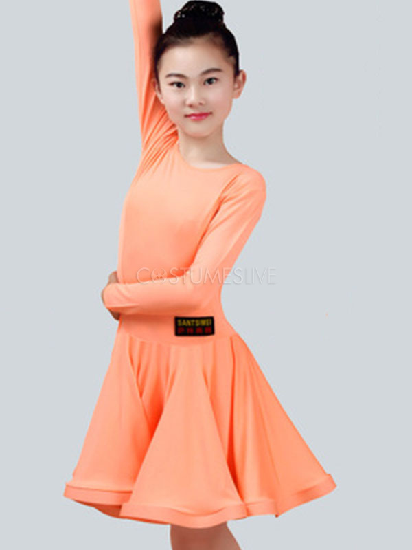 Latin Dance Dresses Costume Kids Orange Long Sleeve Short Ballroom Dance Dress