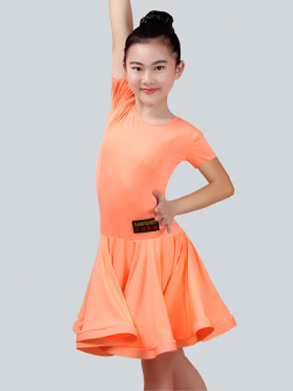 Latin Dance Costume Kids Orange Short Sleeve Little Girls Ballroom Dance Dresses