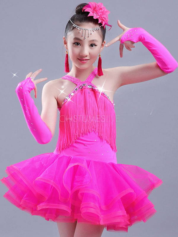 Latin Dance Costume Kids Roses Tassels Ruffle Organza Girls Latin Dancing Dress