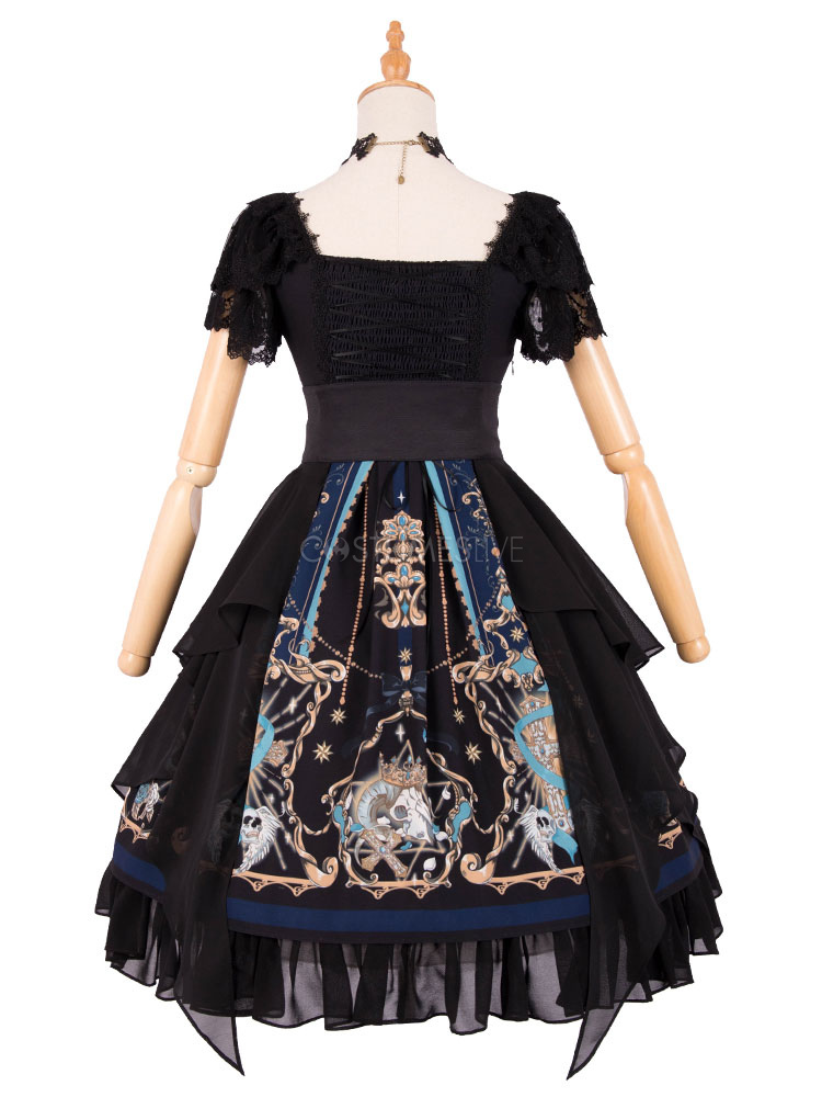 Gothic Lolita Op Dress God Redemption Print Lace Black Short Sleeves Lolita One Piece Dresses Costumeslive Com