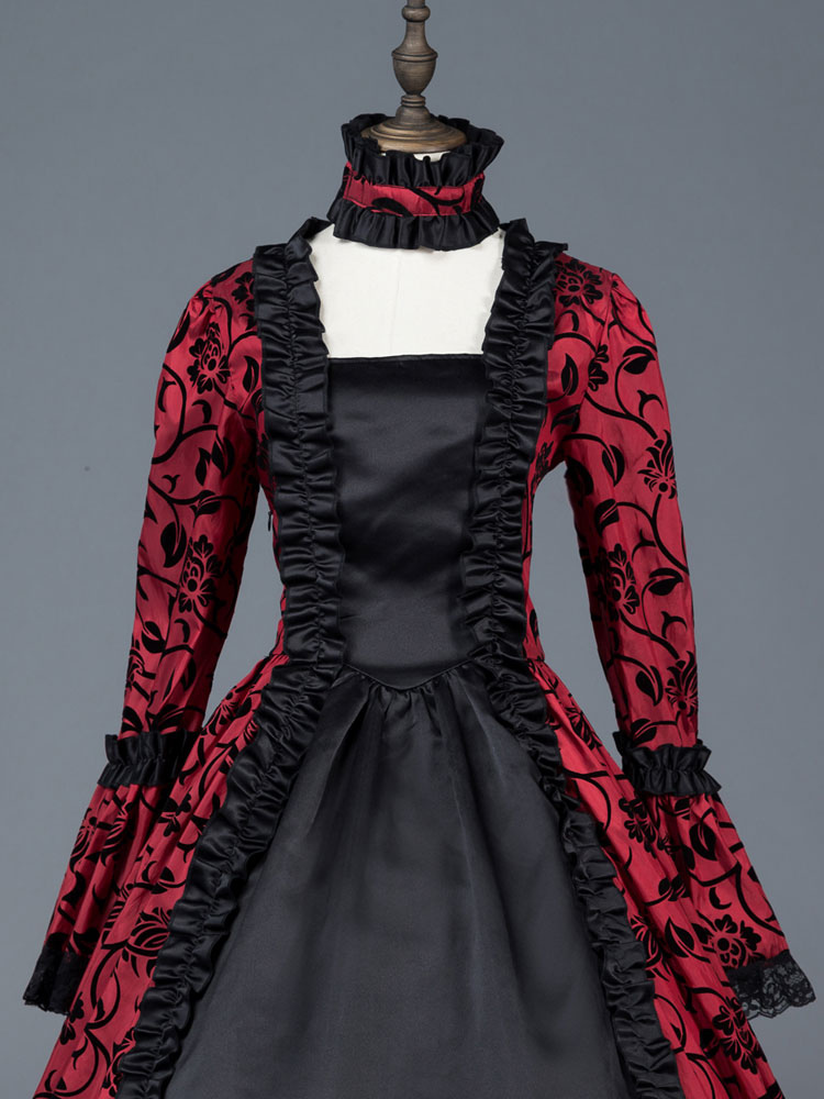 Victorian Dress Costume Women's Red Bow Floral Print Square Neckline ...