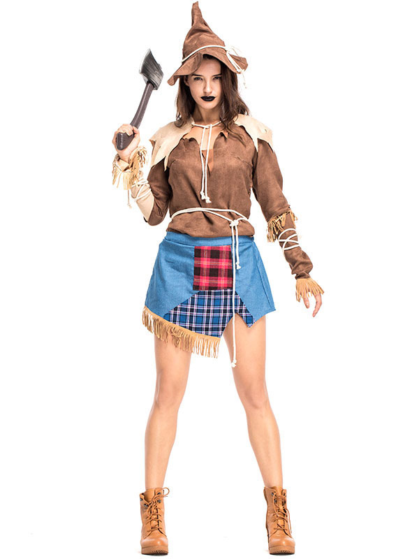 Halloween Kostume Frau Vogelscheuche Kostum Plaid Uberrock Uberarmel Denim Halloween Feiertage Kostume Costumeslive Com