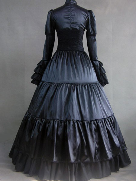 Victorian Dress Costume Women's Black Satin Ruffle Long Sleeves ...
