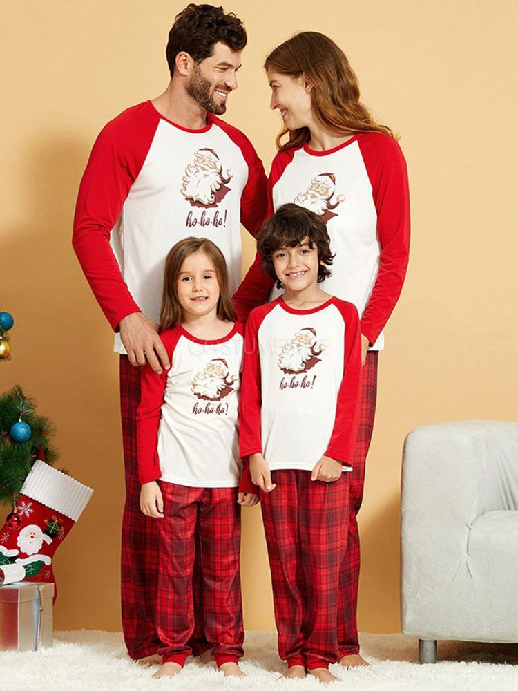 puseky Pigiama di Natale Abbinato alla Famiglia con Camicia Stampata Lettere Pantaloni Scozzesi Rossi Abiti da Notte