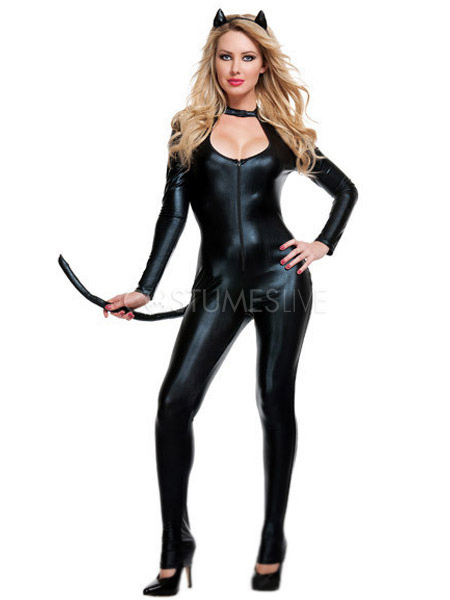 Halloween Black Catsuit Faux Fur Catwoman Costume Sexy Role