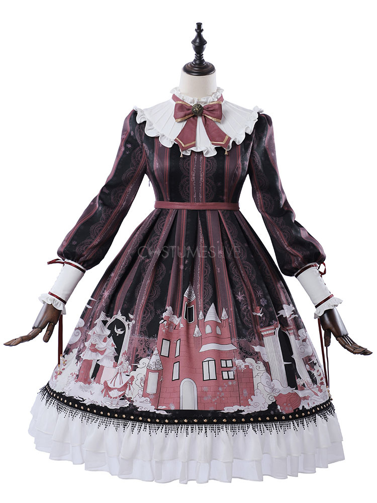 Classic Lolita Op Dress Snow Country Girl Print Bow Ruffle Black Lolita One Piece Dress Costumeslive Com