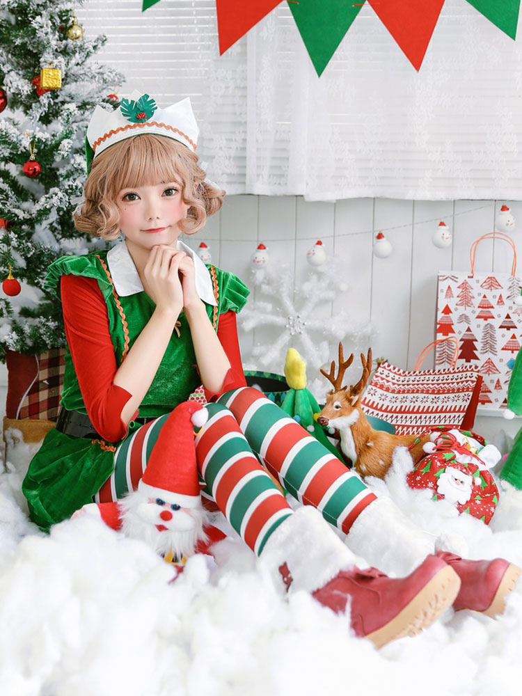 サンタコスプレ グリーン クリスマス 女性用 コスチューム クリスマスツリー ポリエステル コスチューム 大人用 サッシュベルト ドレス 帽子 パンティストッキング カラーブロック ホリデーコスチューム Costumeslive Com Jp