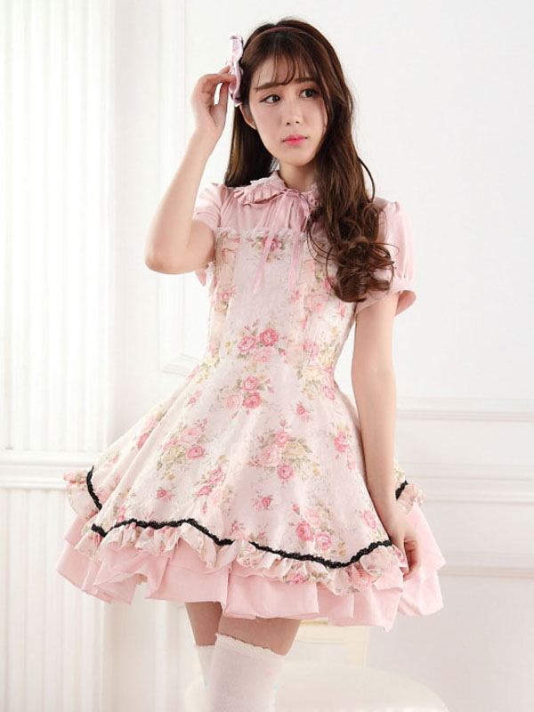 Classic Lolita One Piece Dress Lace Up Ruffles Pink Printed Lolita One ...