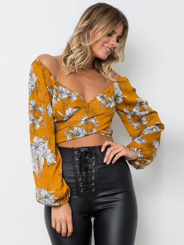 yellow long sleeve off the shoulder top