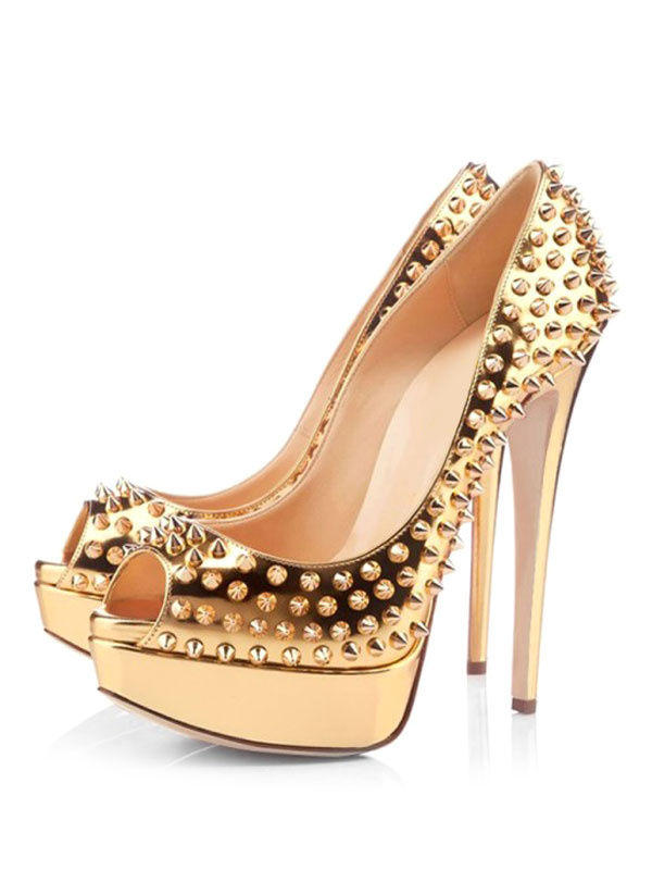 gold platform peep toe heels