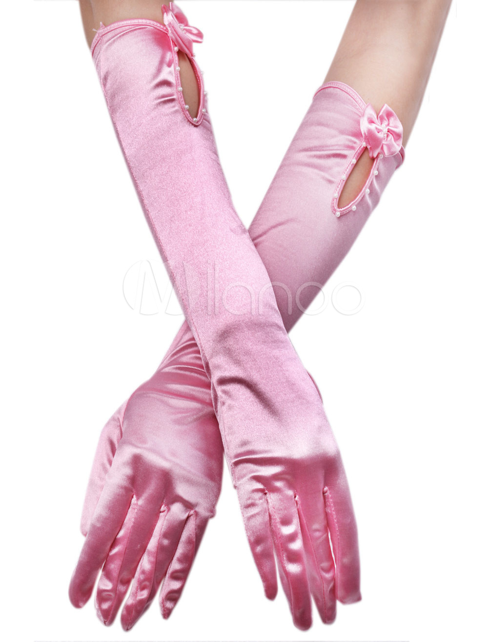 Sweet Pink Satin Beaded Bow Wedding Bridal Gloves