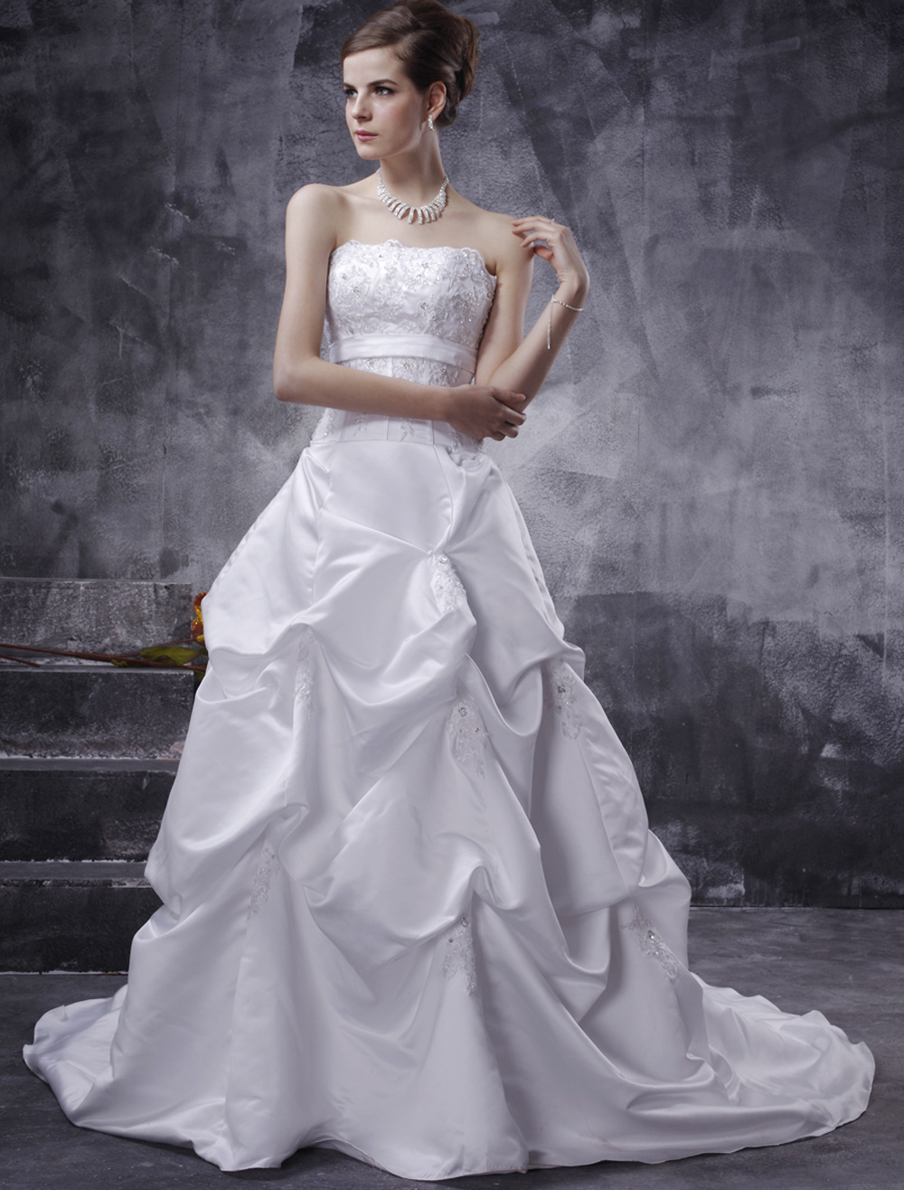 White Wedding Dresses Ball Gown Strapless Bridal Dress Satin Ruched ...