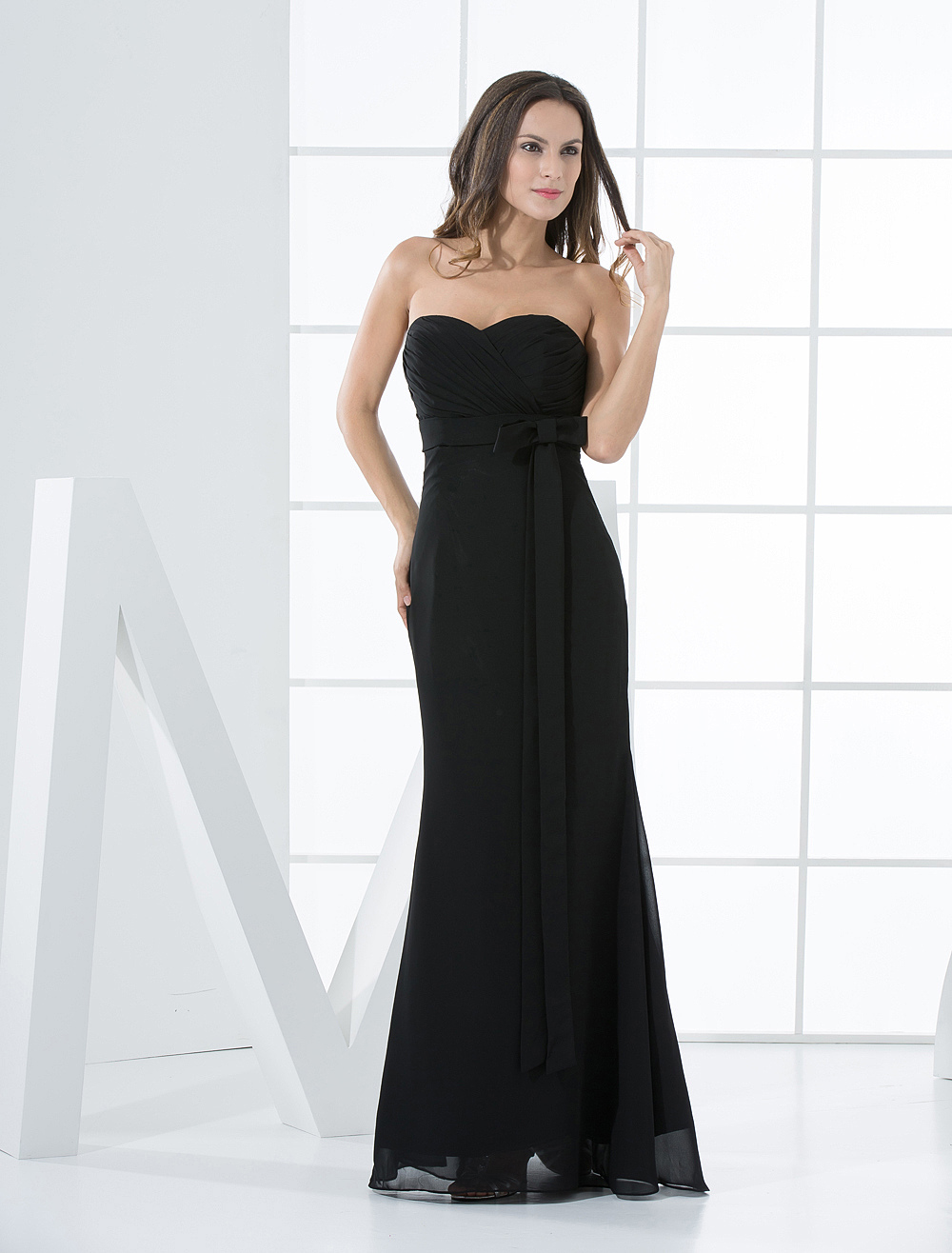 Black Bridesmaid Dress Strapless Sash Mermaid Bows Chiffon Dress ...