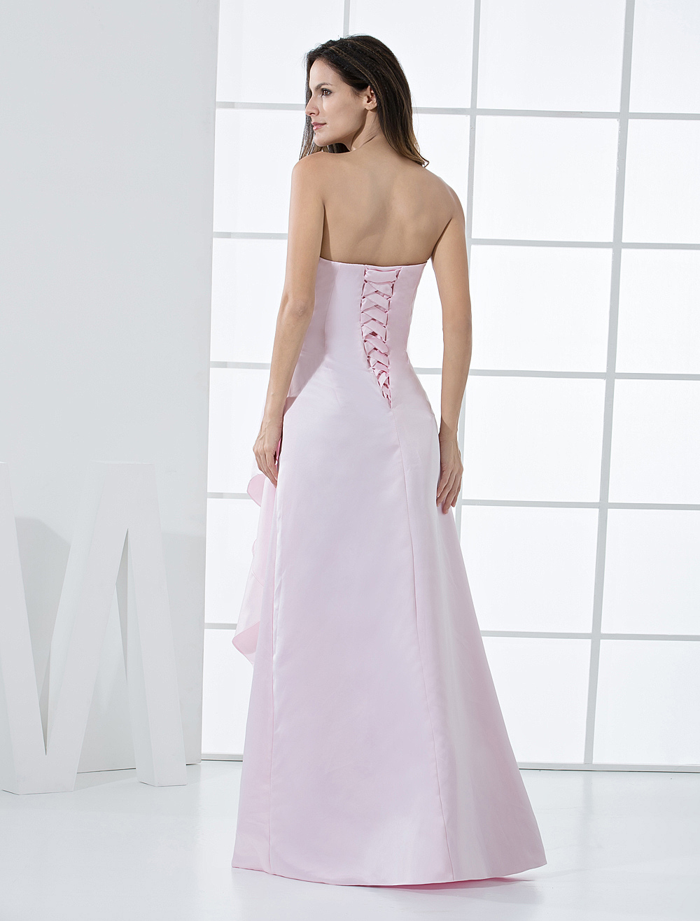 Pink Strapless Satin Floor Length Bridesmaid Dress