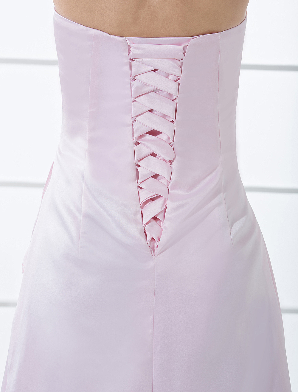 Sheath Strapless Pleated Pink Satin Floor Length Bridesmaid Dress, Bow Straps Slit
