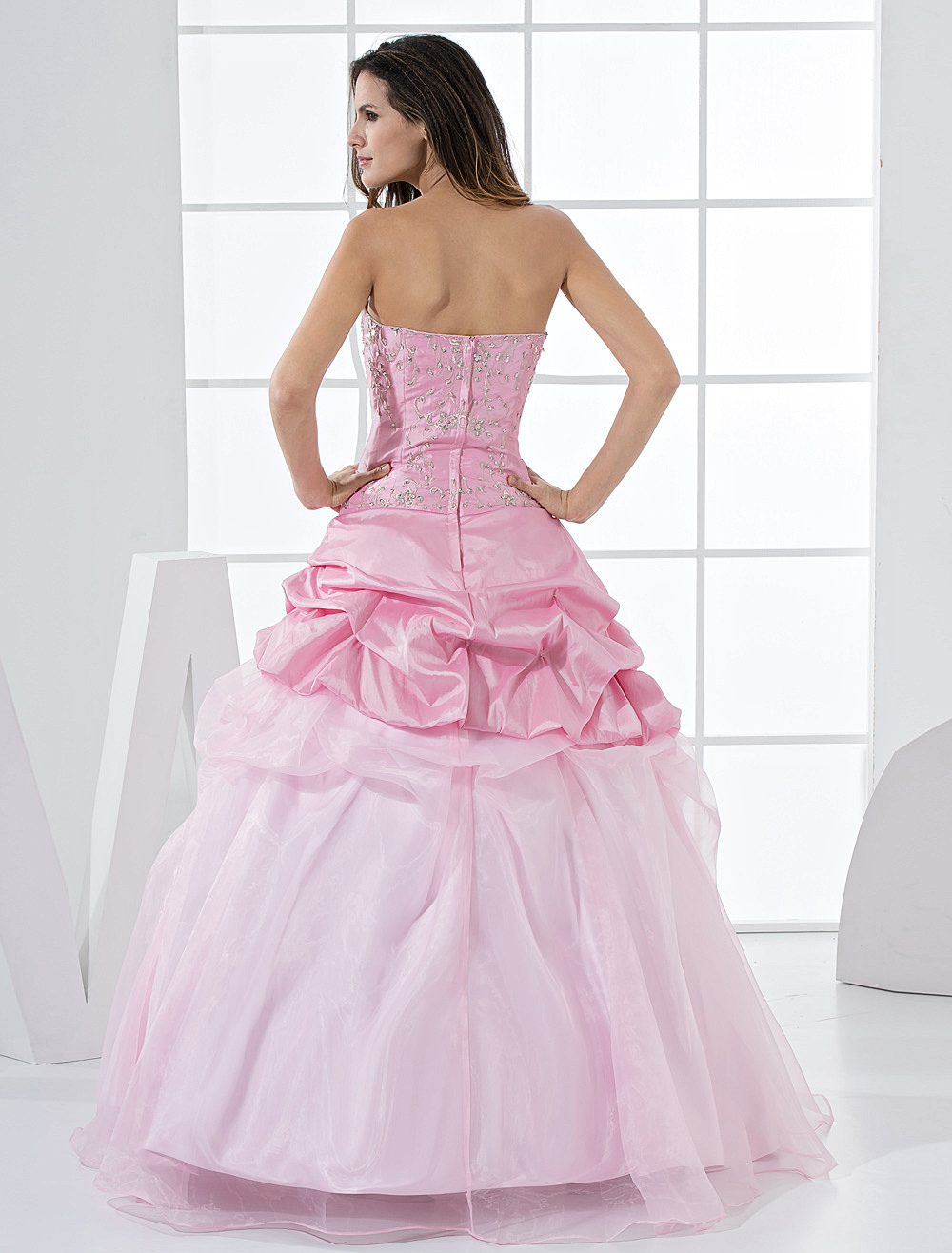Pink Princess Strapless Beaded Ruffles Floor Length Taffeta Ball Gown ...