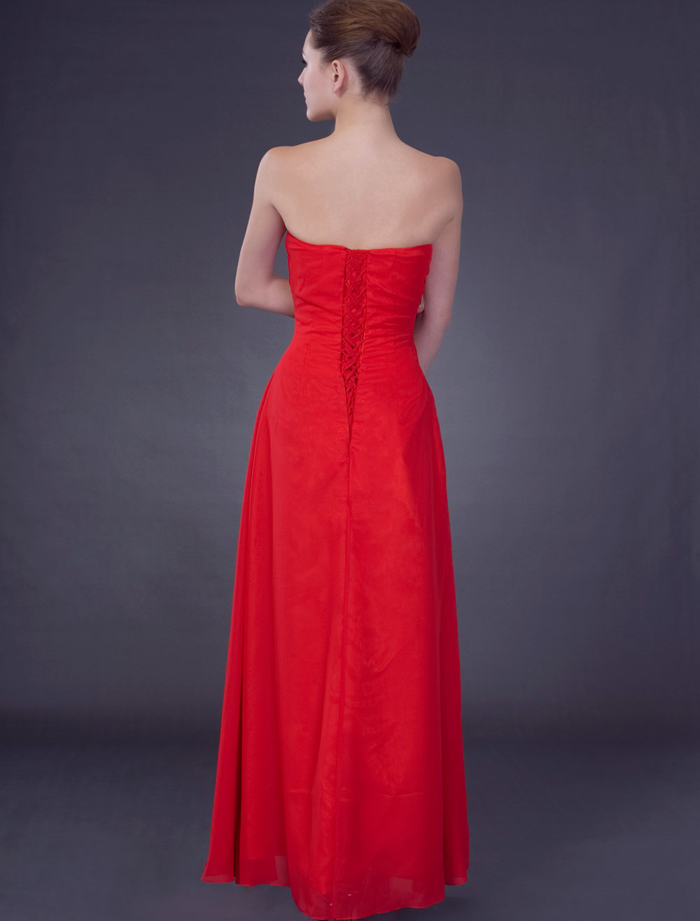 Red Empire Waist Strapless Satin Chiffon Maxi Evening Gown - Milanoo.com