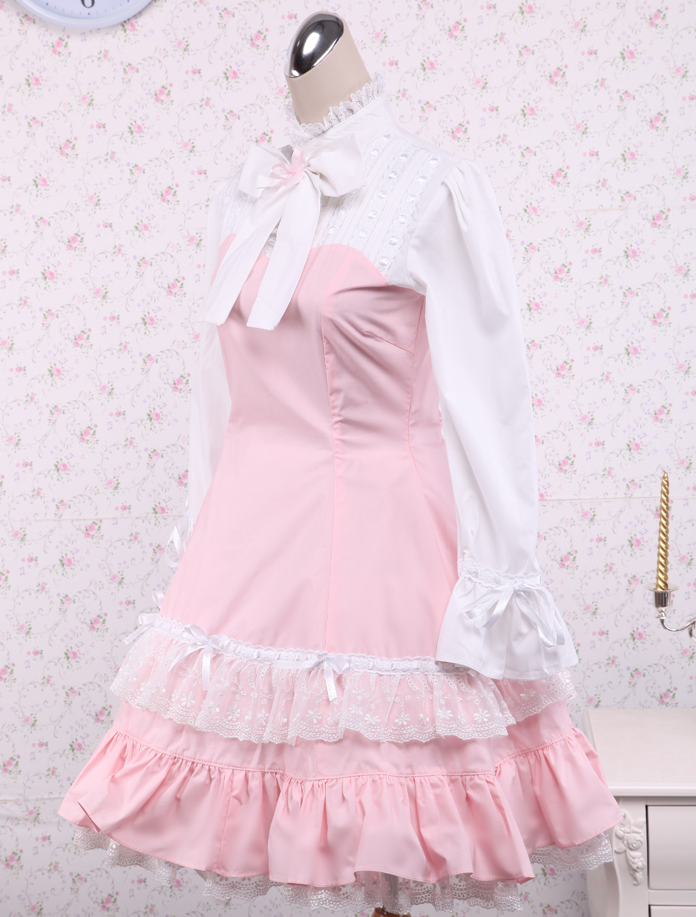 ロリータワンピース，ピンク スタンドカラー 姫袖 刺繍レース リボン キュート - Milanoo.jp