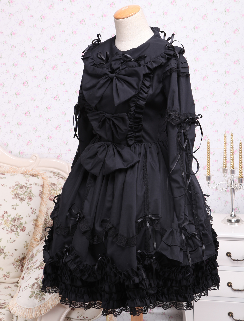 Elegant Gothic Black Cotton Lolita Op Dress Long Sleeves Lace Trim Bows