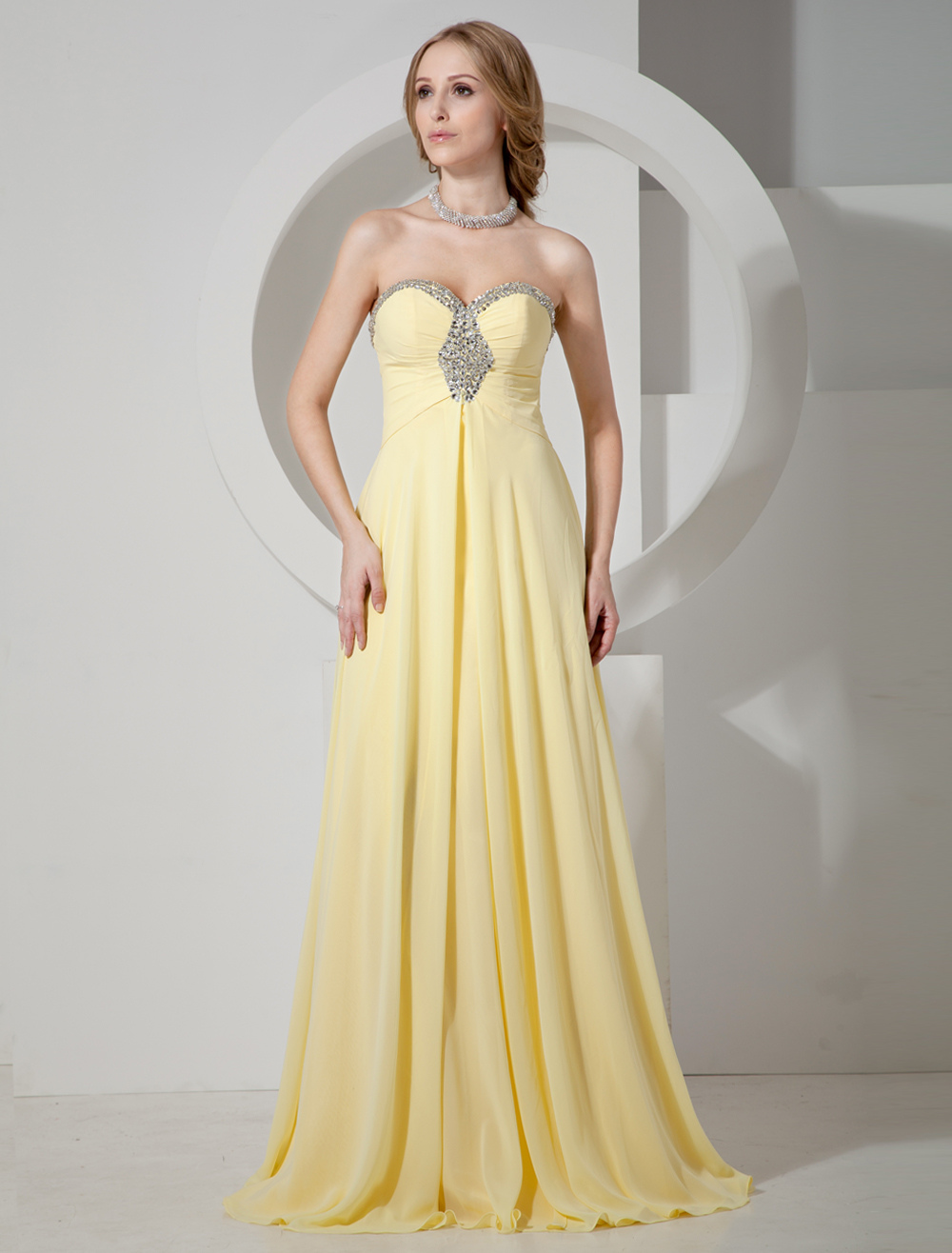 Daffodil Strapless Chiffon Dress with Rhinestone Decor