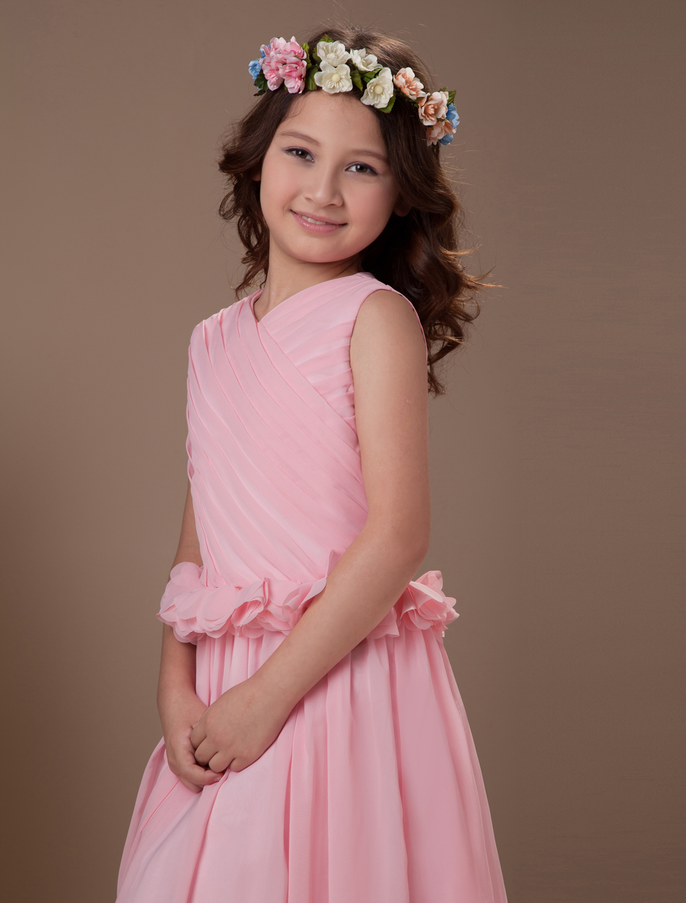 Lovely Pink Sleeveless V-Neck Chiffon Flower Girl Dress - Milanoo.com