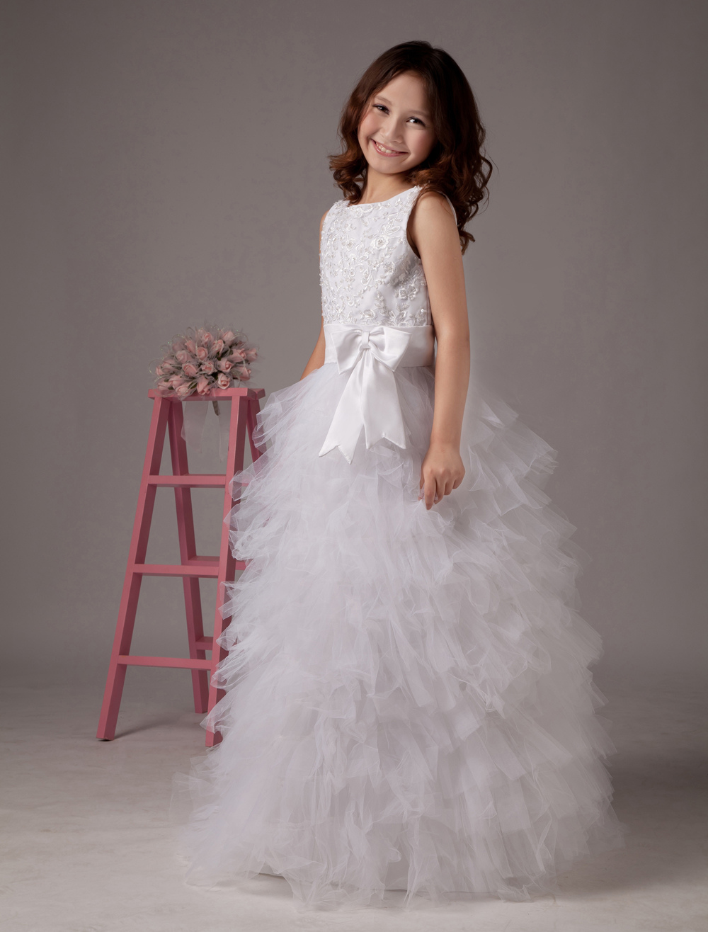 White A-line Jewel Tulle Floor Length Flower Girl Dress - Milanoo.com