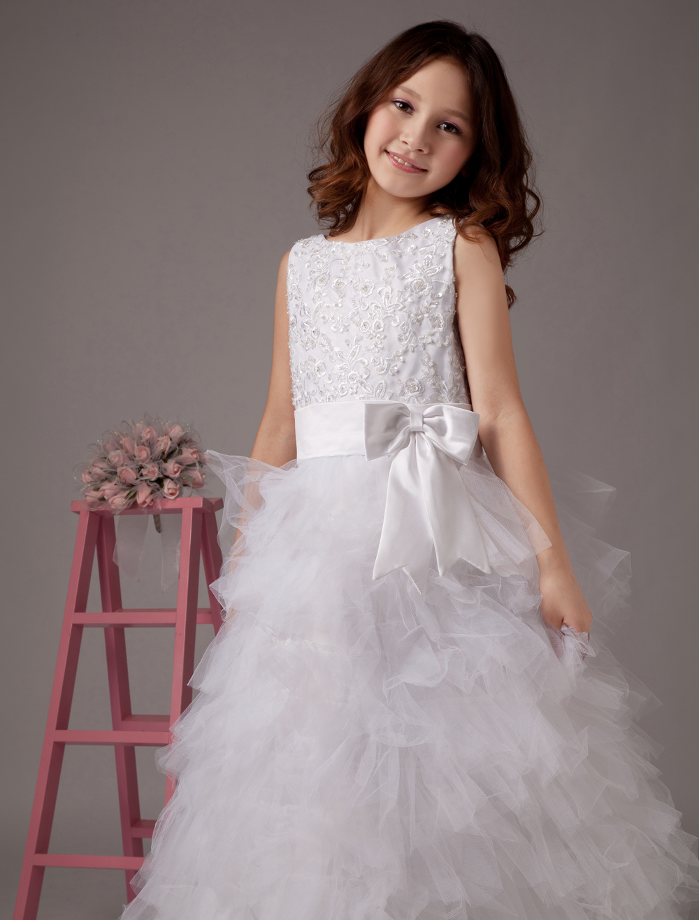 White A-line Jewel Tulle Floor Length Flower Girl Dress - Milanoo.com