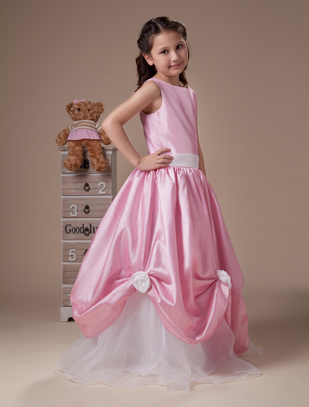 White And Pink Sleeveless Sash Taffeta Organza Flower Girl Dress ...