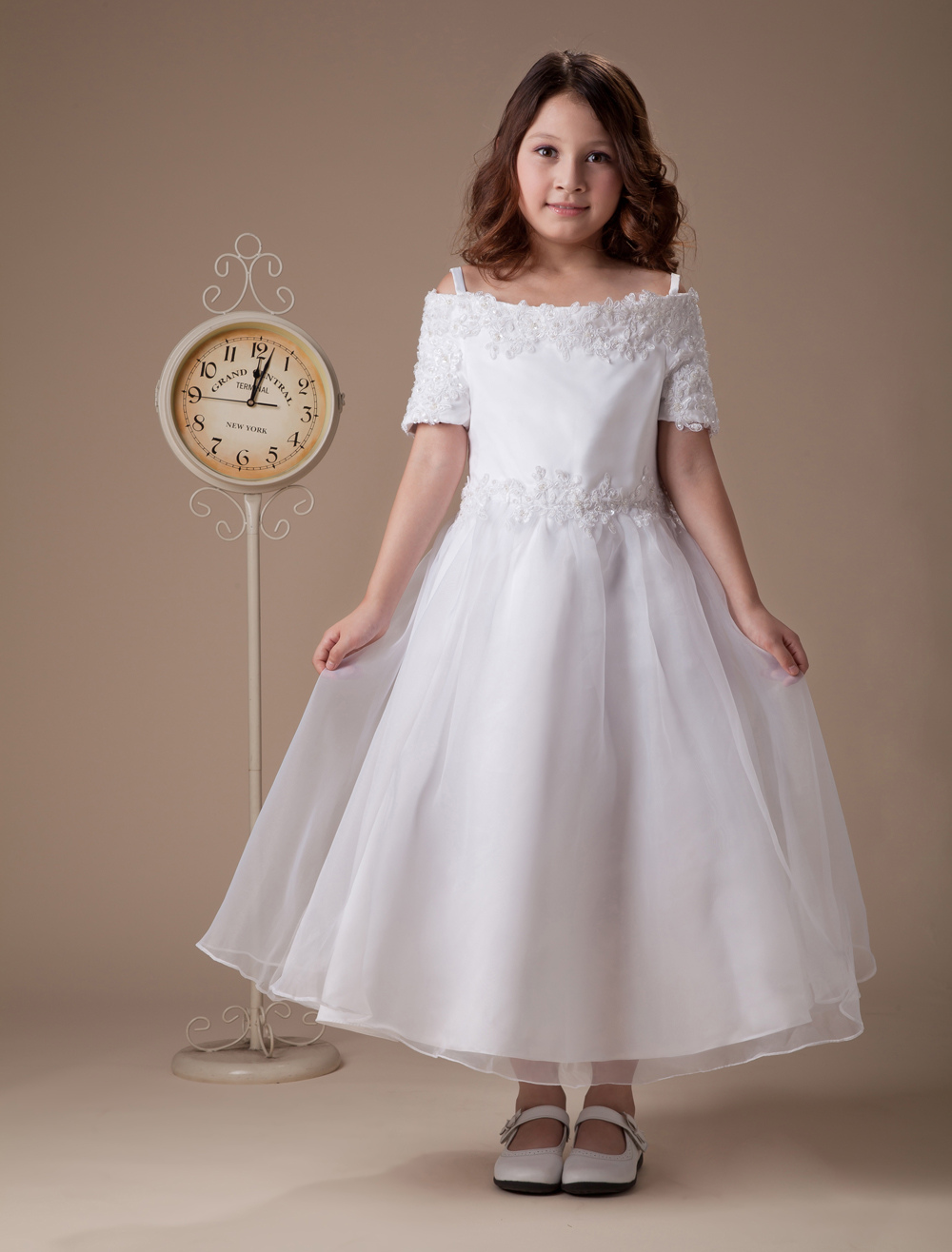 Sweet A-line White Satin Tea-Length First Communion Dresses - Milanoo.com