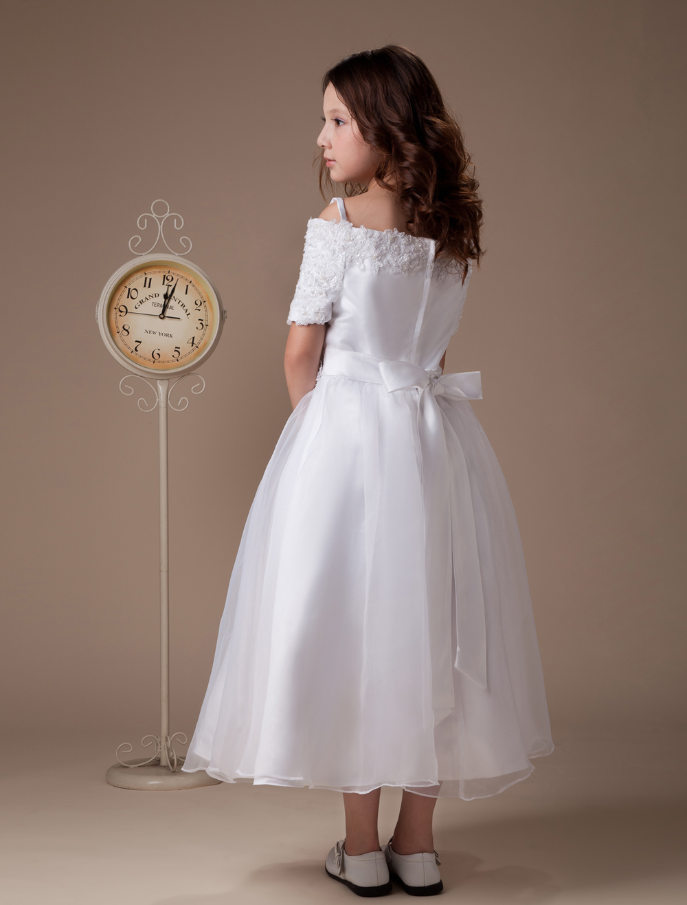 Sweet Aline White Satin TeaLength First Communion Dresses