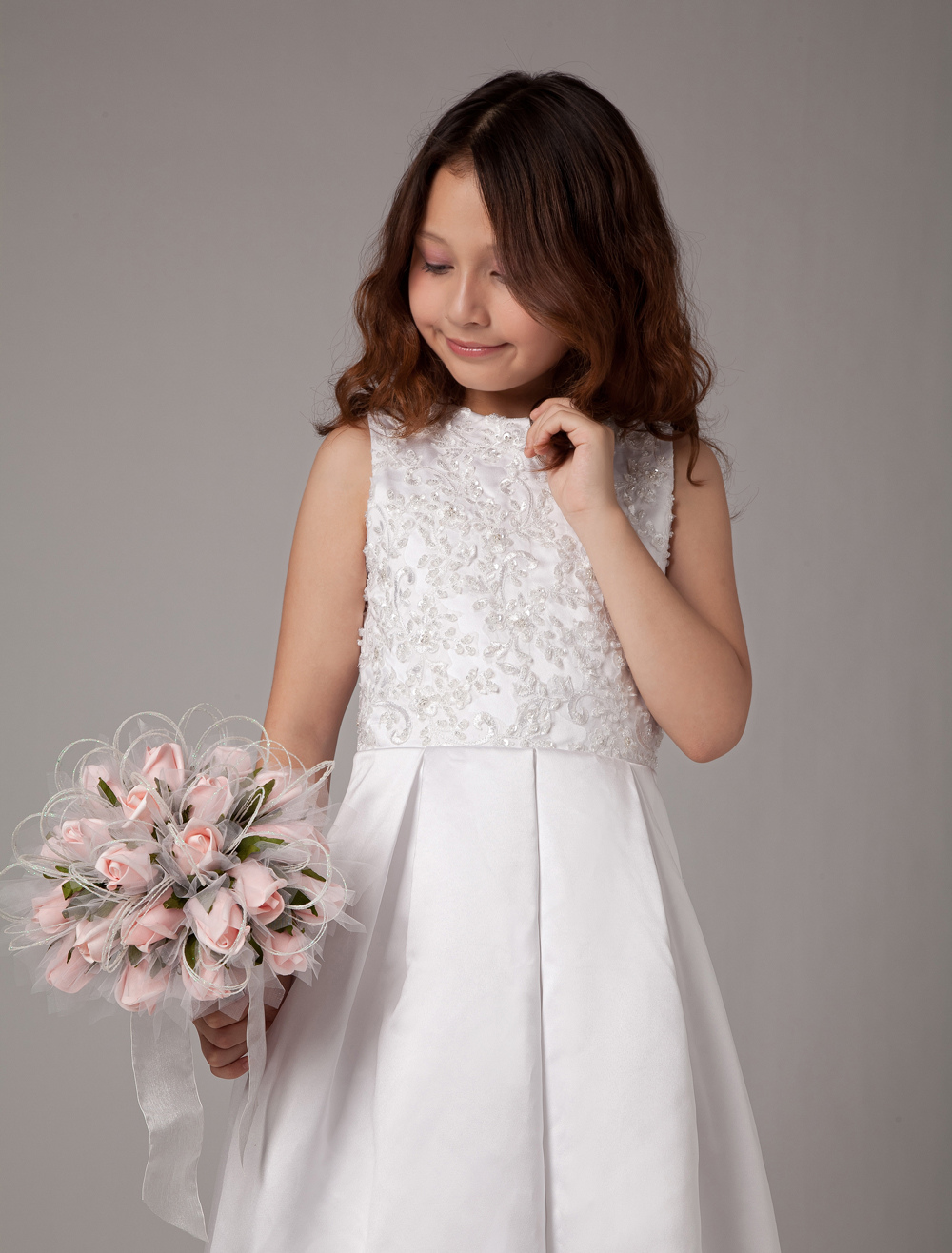 White Satin Lace Flower Girl Dress