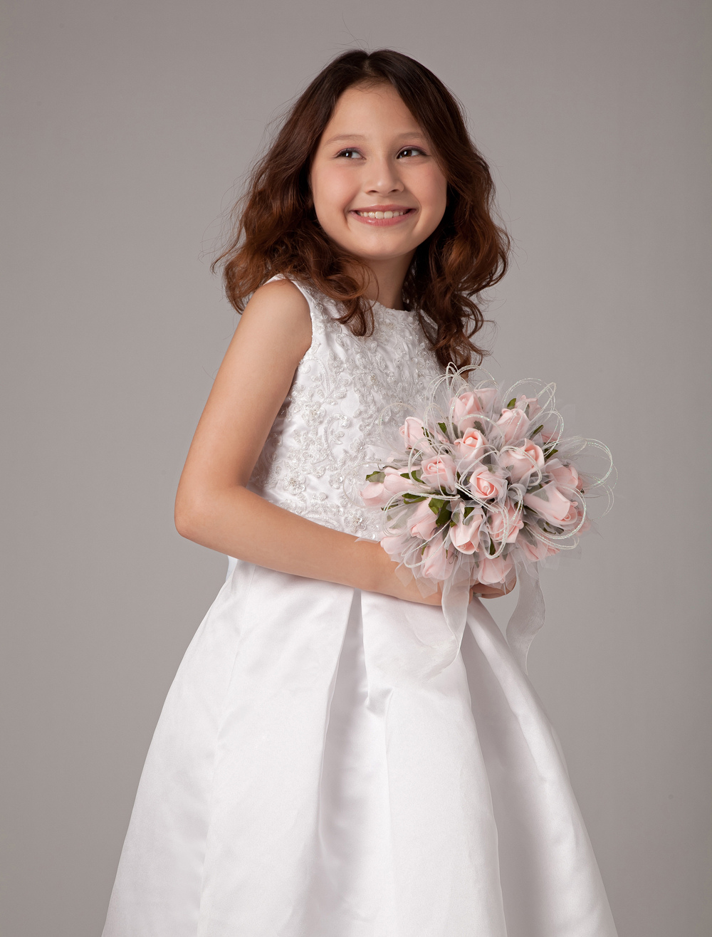 DRESS & Fleur Girls Satin Dress with Matching Bag in White