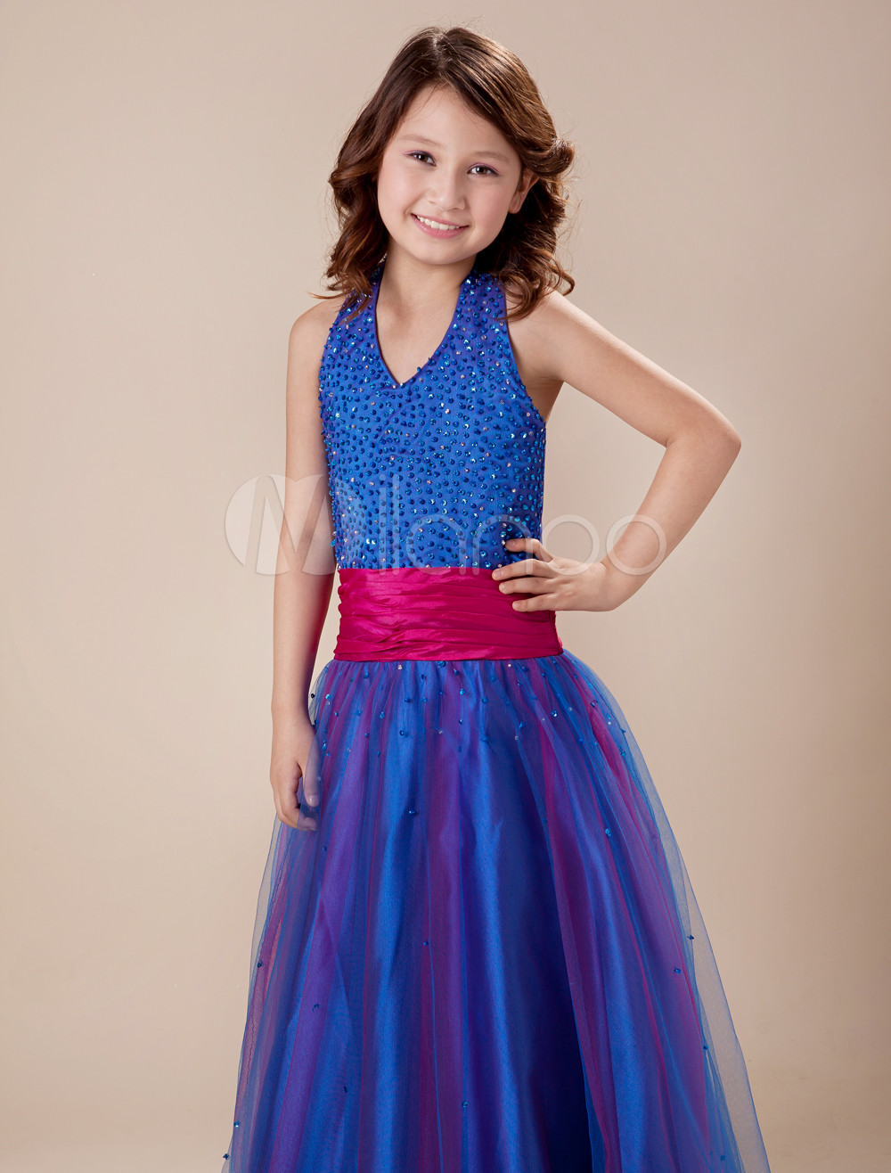 Romantic Royal Blue Halter Floor Length Little Girls Dress - Milanoo.com