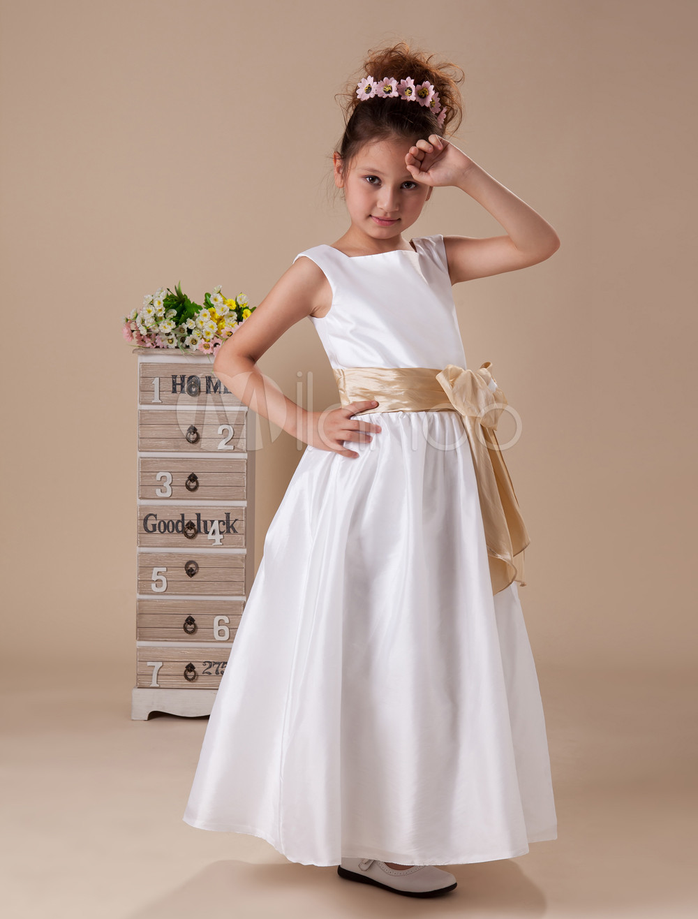 Sweet White Taffeta Champagne Sash Flower Girl Dress