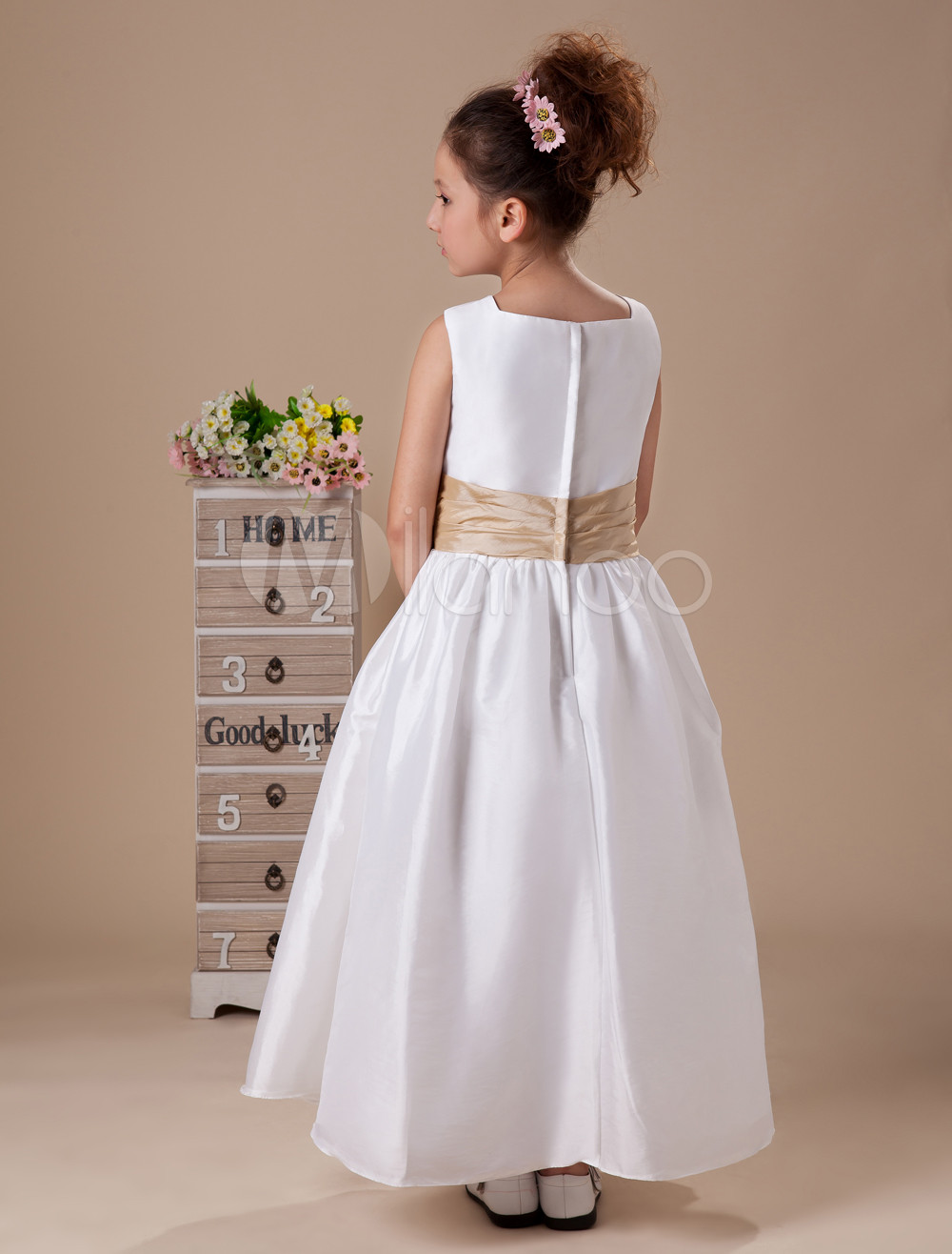 Sweet White Taffeta Champagne Sash Flower Girl Dress