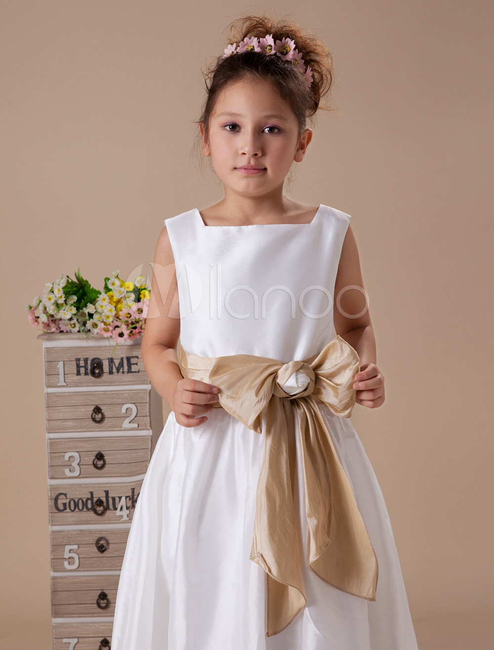 Sweet White Taffeta Champagne Sash Flower Girl Dress