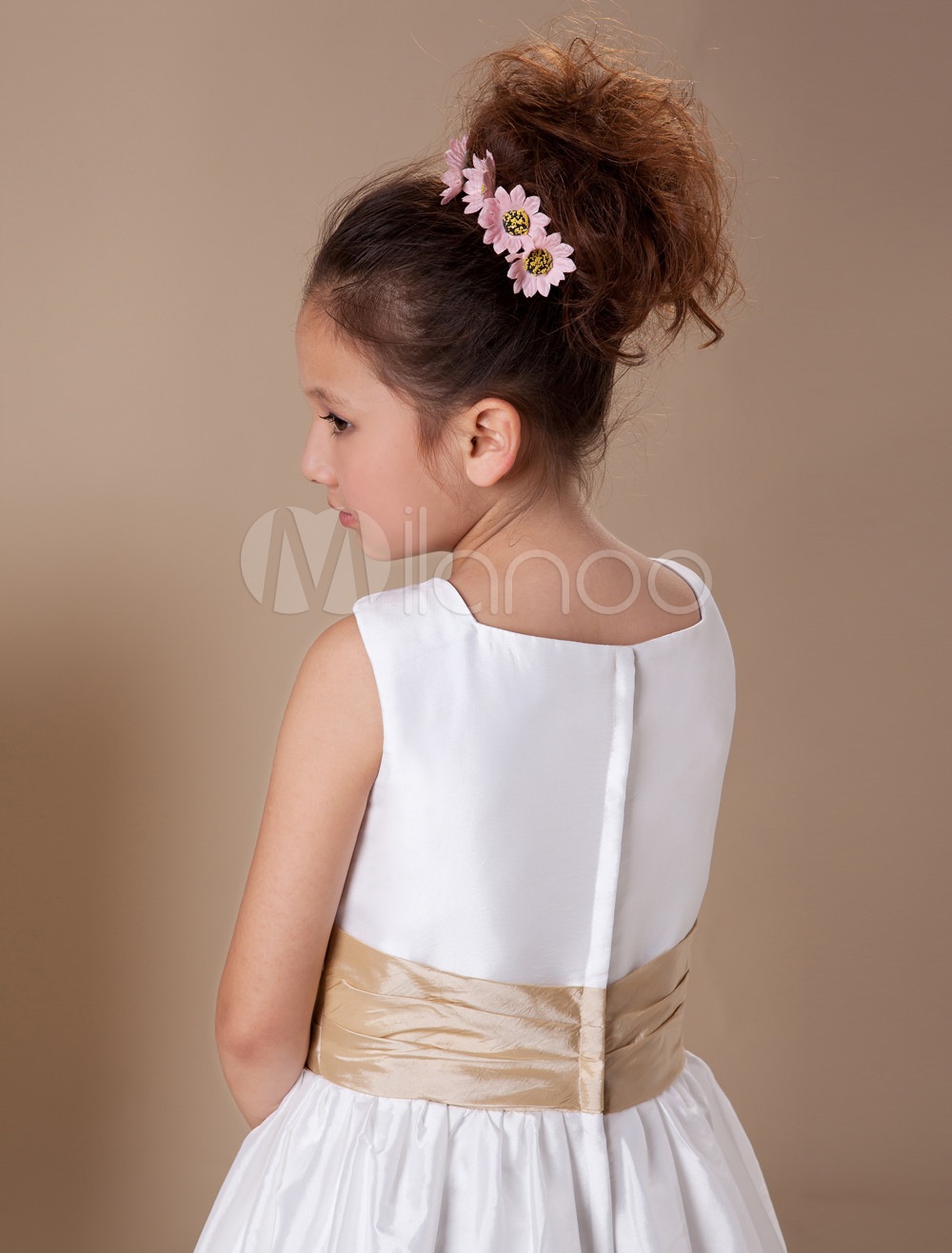 Sweet White Taffeta Champagne Sash Flower Girl Dress