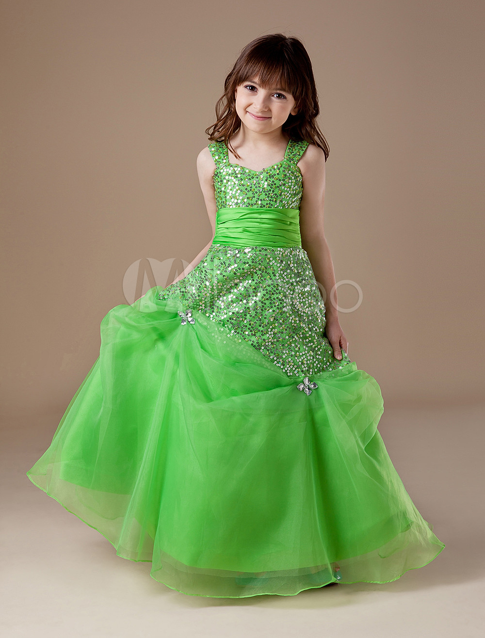 Green Straps Neck Floor-length Pleated A-line Girls Pageant Dress 