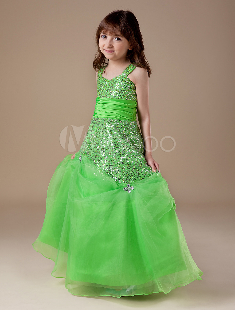 Green Straps Neck Floor-Length Pleated A-line Girls Pageant Dress ...