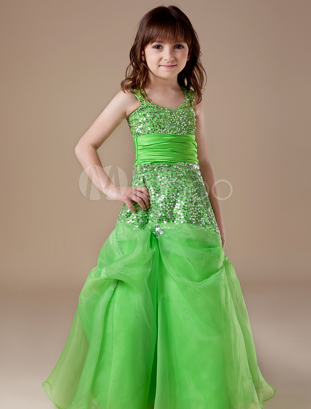 Green Straps Neck Floor-Length Pleated A-line Girls Pageant Dress ...