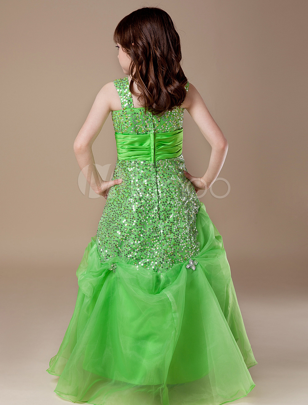 Green Straps Neck Floor-Length Pleated A-line Girls Pageant Dress ...