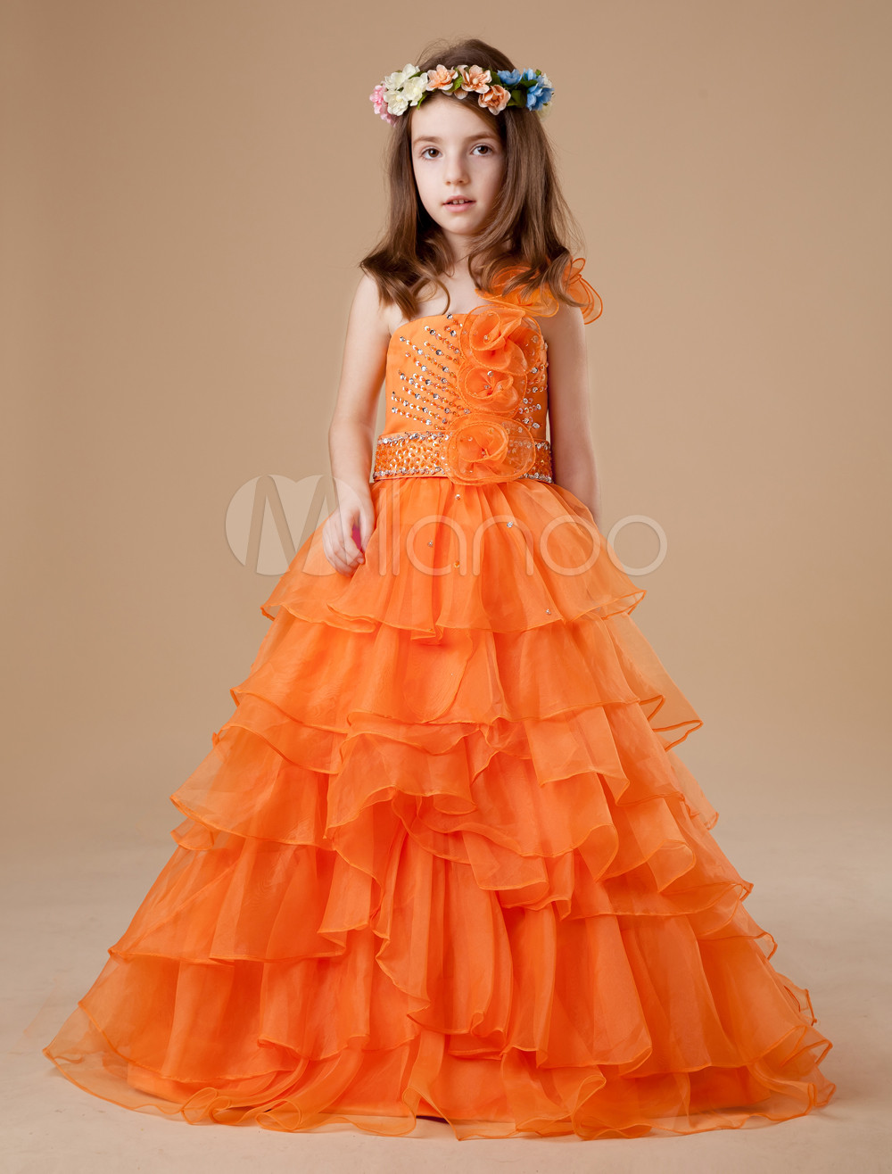 Vestido formal para niñas de tul de color naranja