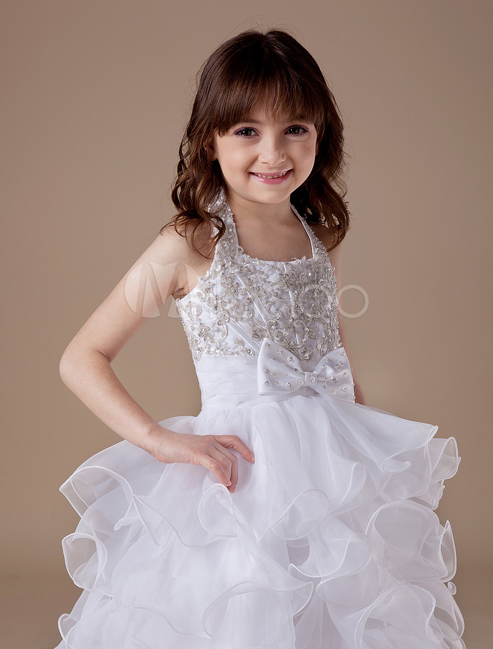 White Flower Girl Dress Halter Ruffles