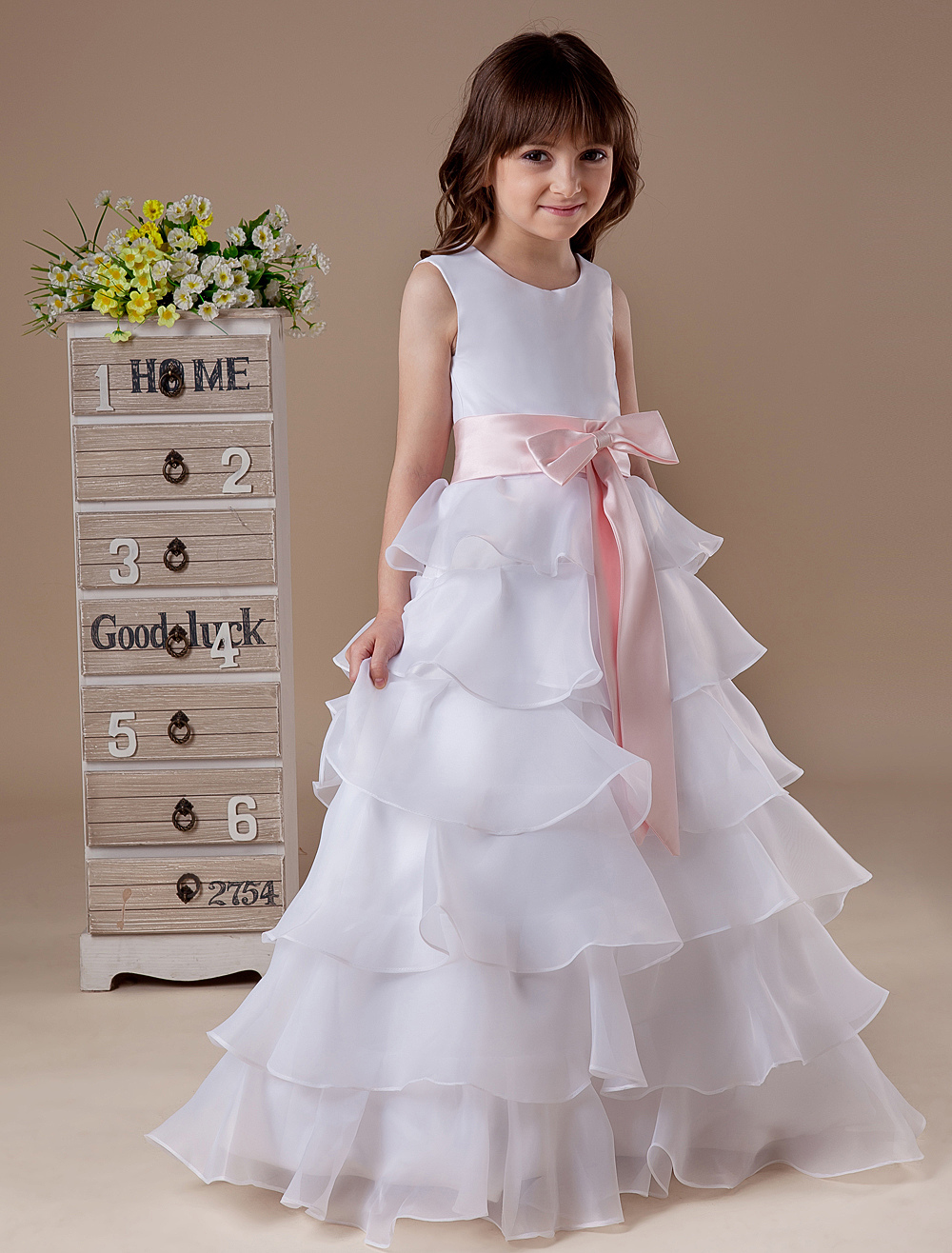 White Flower Girl Dress Boho Tiered Sleeveless Sash Bow Satin Kids Maxi