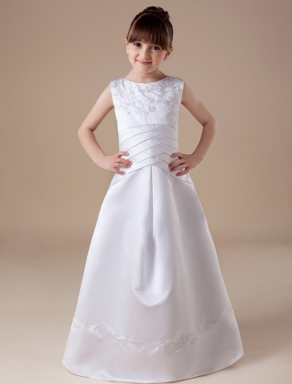 Elegant White Sleeveless Satin First Communion Dress