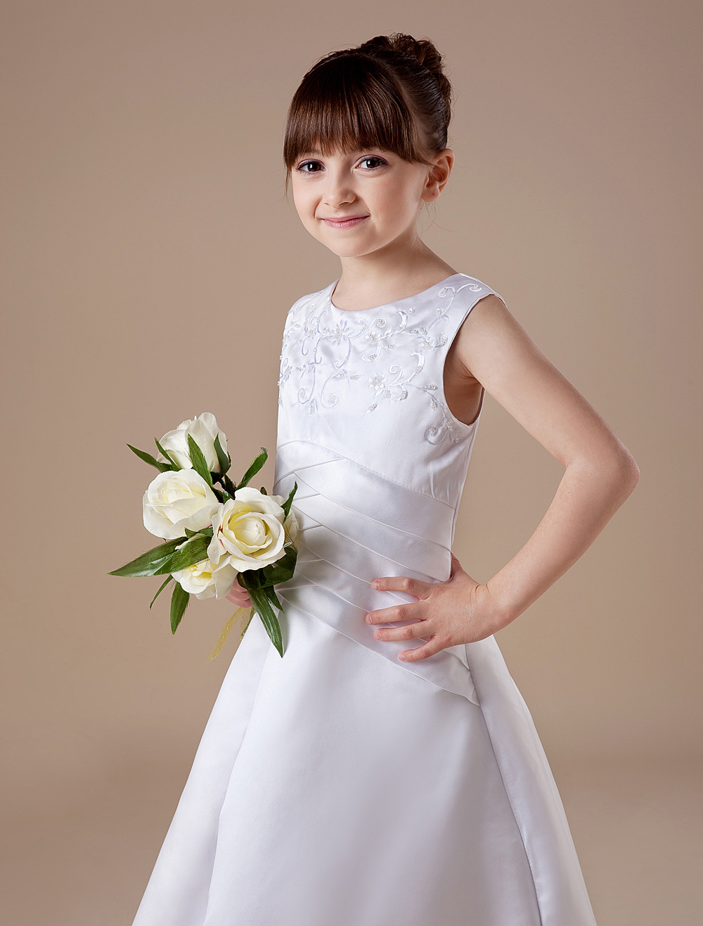 Elegant White Sleeveless Satin First Communion Dress