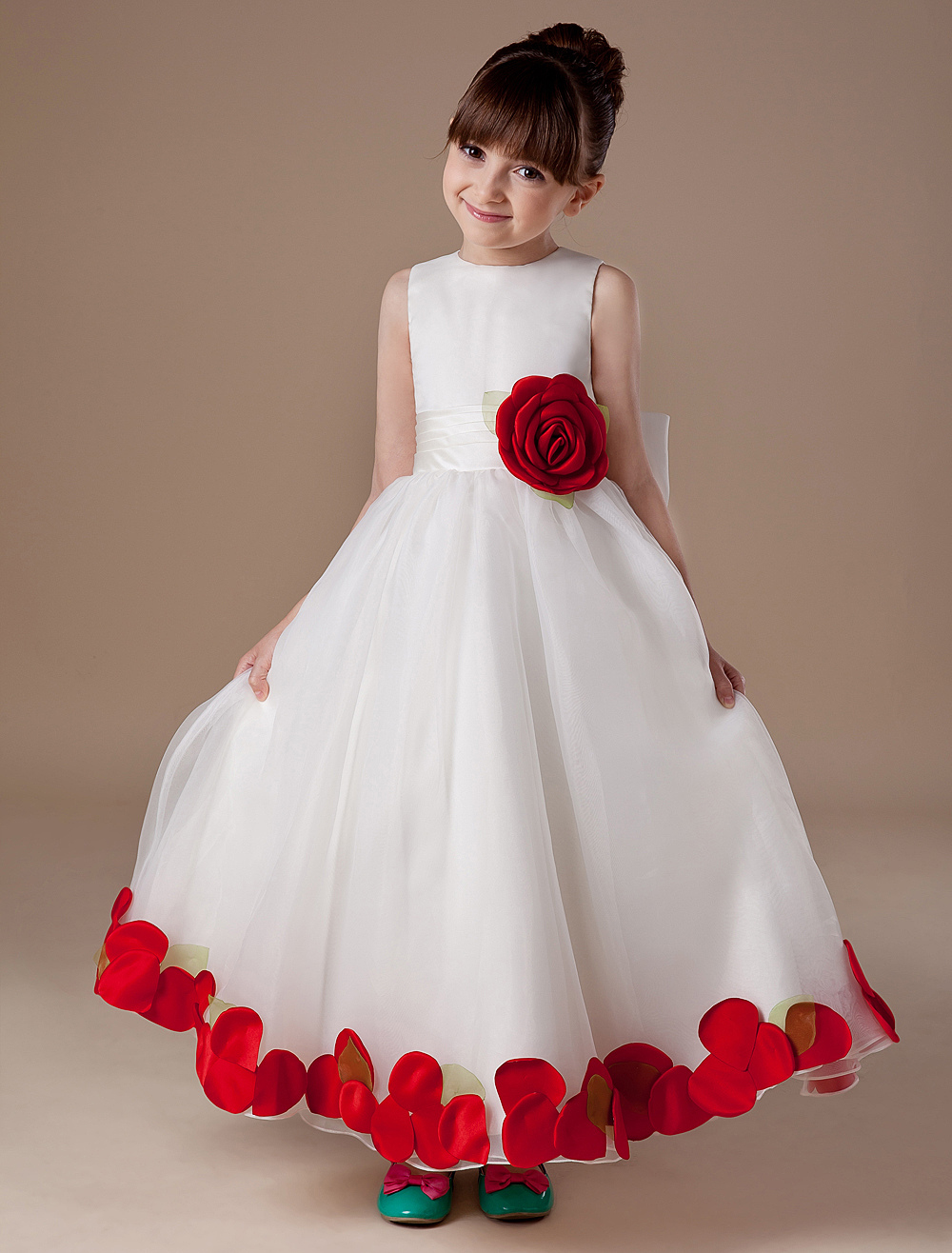 White Flower Girl Dress Bow Applique Sash Princess Dress