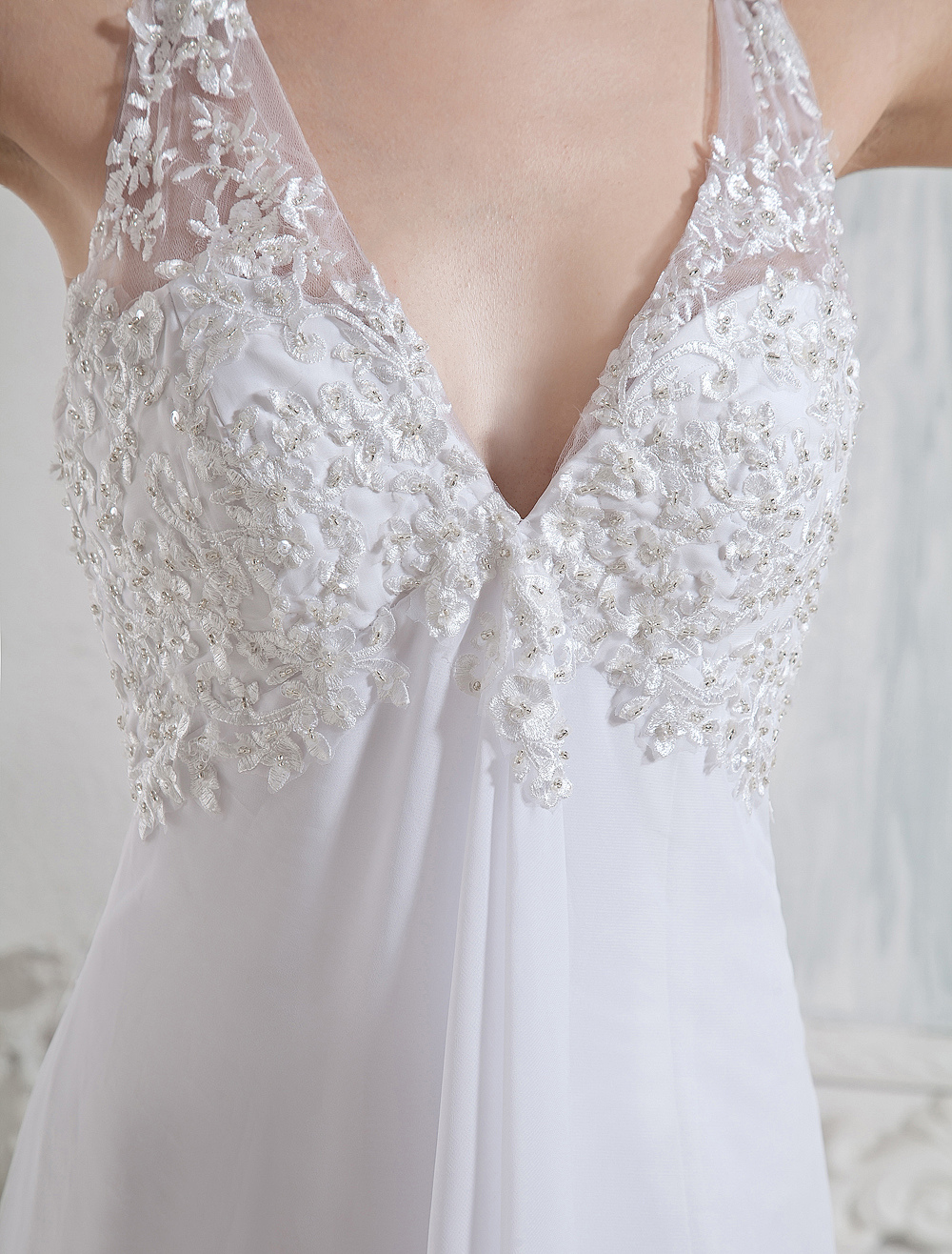 White Bridal Wedding Gown with Sheath VNeck Beading