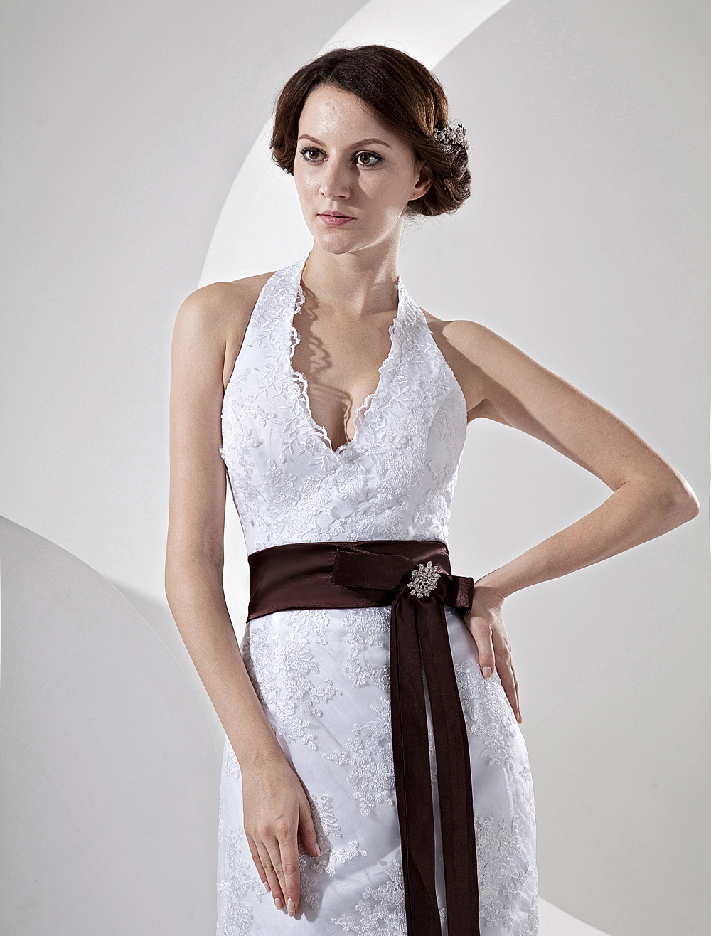 david's bridal v neck halter gown with sash